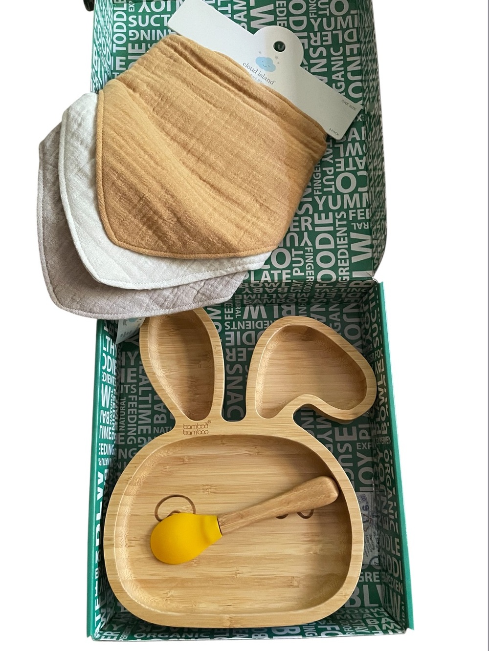 Bamboo Bunny Plate Set with Mustard Yellow Spoon and Neutral Bibs bundle